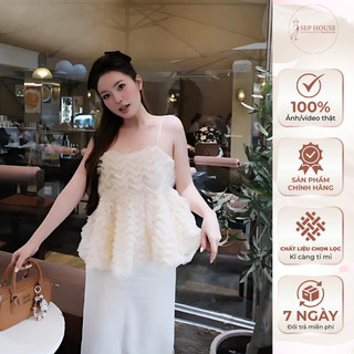 (Hàng loại 1)Set áo 2s dáng peplum bồng bềnh phối chân váy suông dài xẻ tà 2 màu kem, đen basic, sang trọng _SEP House