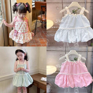 Váy bé gái,Váy 2 dây trơn, nơ hồng kiểu dáng bí xinh cho bé gái