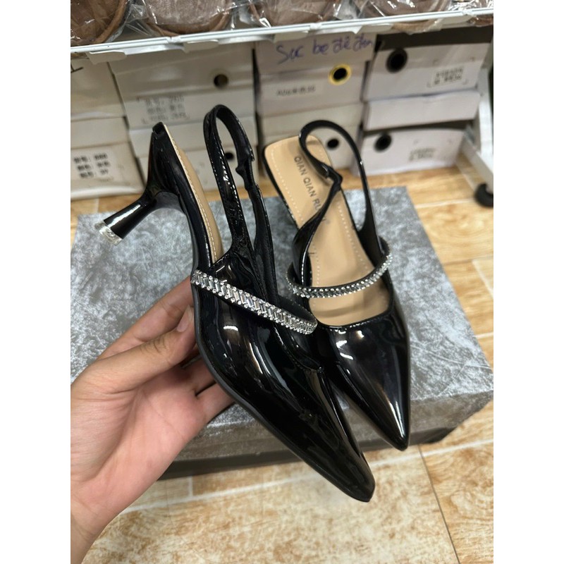Giày Cao Gót Nữ Mũi Nhọn Quai Hở Đính Đá Sang Trọng – Gót Nhỏ 5cm Dễ Đi, Dáng Thanh Lịch Dự Tiệc, Đi Làm