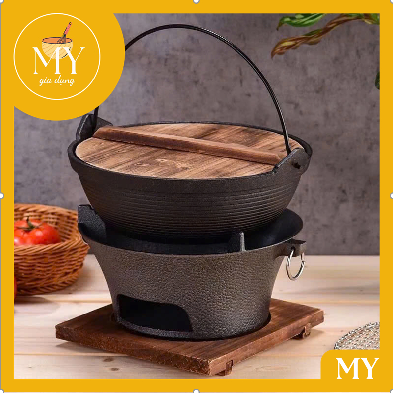 Nồi gang, nắp gỗ, có quai kiểu Nhật kích thước 20cm dùng để nấu canh, nồi ăn lẩu kiểu dáng Nhật Bản (nắp gỗ) dễ sử dụng.