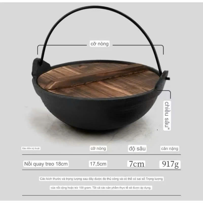 Nồi gang, nắp gỗ, có quai kiểu Nhật kích thước 20cm dùng để nấu canh, nồi ăn lẩu kiểu dáng Nhật Bản (nắp gỗ) dễ sử dụng.