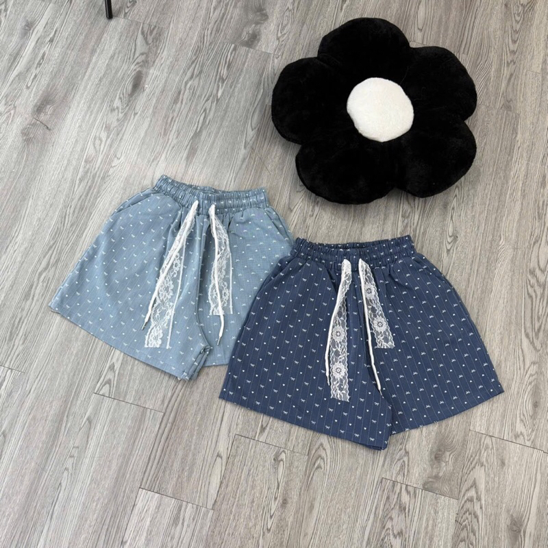 Quần Short Bò Giấy Hoạ Tiết Tim Nơ Mềm Mịn Mát Dây Ren
