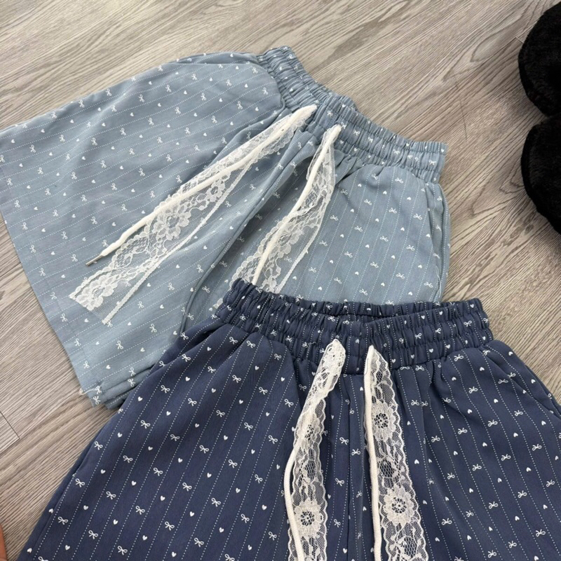 Quần Short Bò Giấy Hoạ Tiết Tim Nơ Mềm Mịn Mát Dây Ren