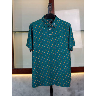 Áo golf Fj màu xanh cổ vịt phối hoạ tiết vải co dãn thấm hút mồ hoi chống nóng
