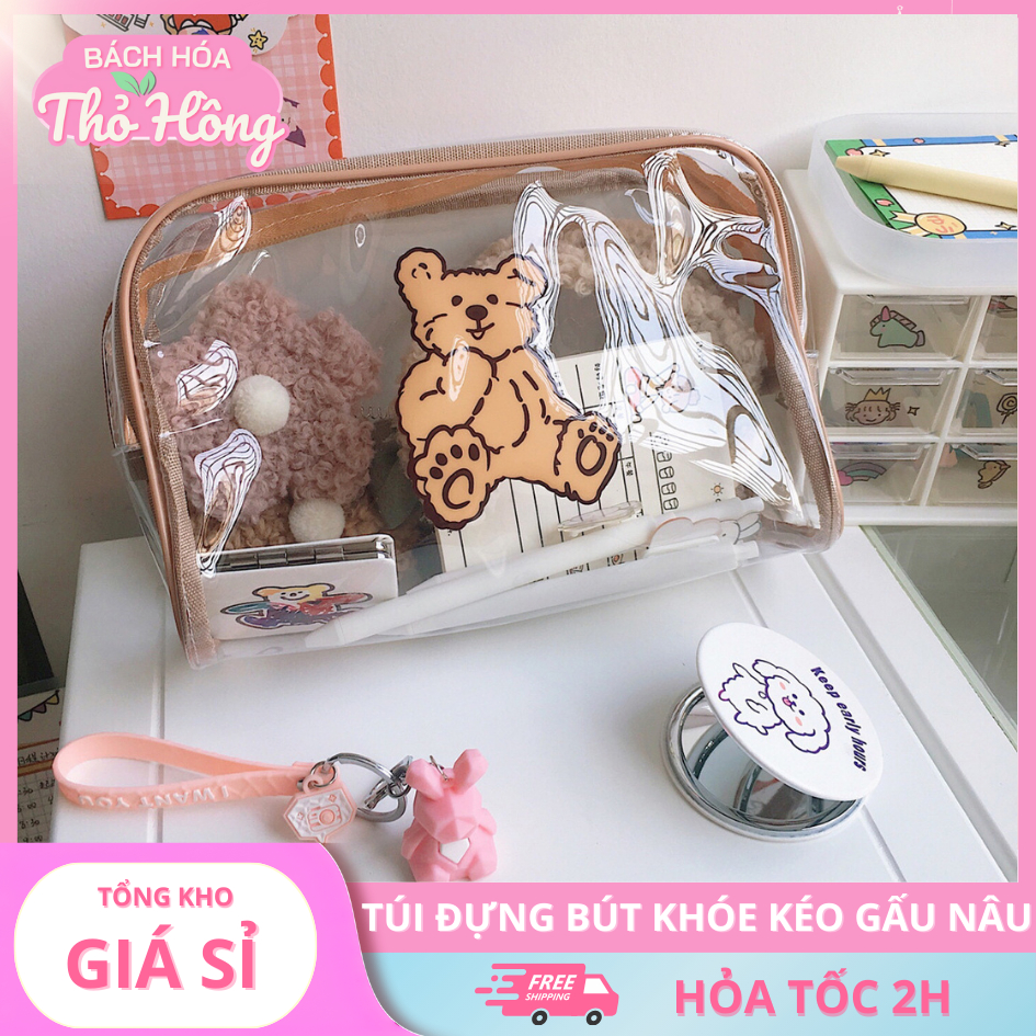 (Thaosi8420) Hộp đựng bút, túi đựng bút khóe kéo viền nâu gấu nâu dễ thương KT 23.7*15