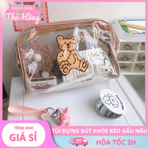 Hộp đựng bút, túi đựng bút khóe kéo viền nâu gấu nâu dễ thương KT 23.7*15