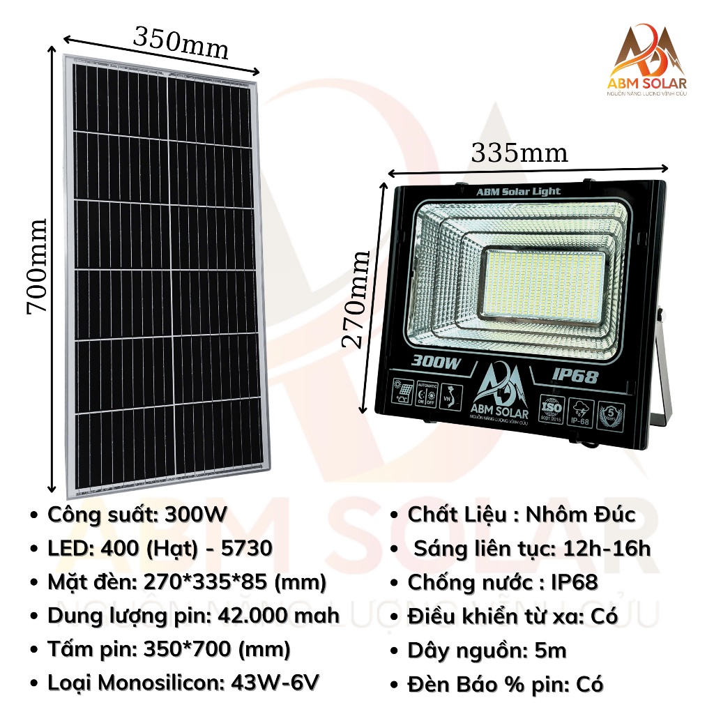 [300W] Đèn Năng Lượng Mặt Trời 300W ABMSOLAR,Tấm Pin Rời,Chống Nước IP68,Kính Cường Lực