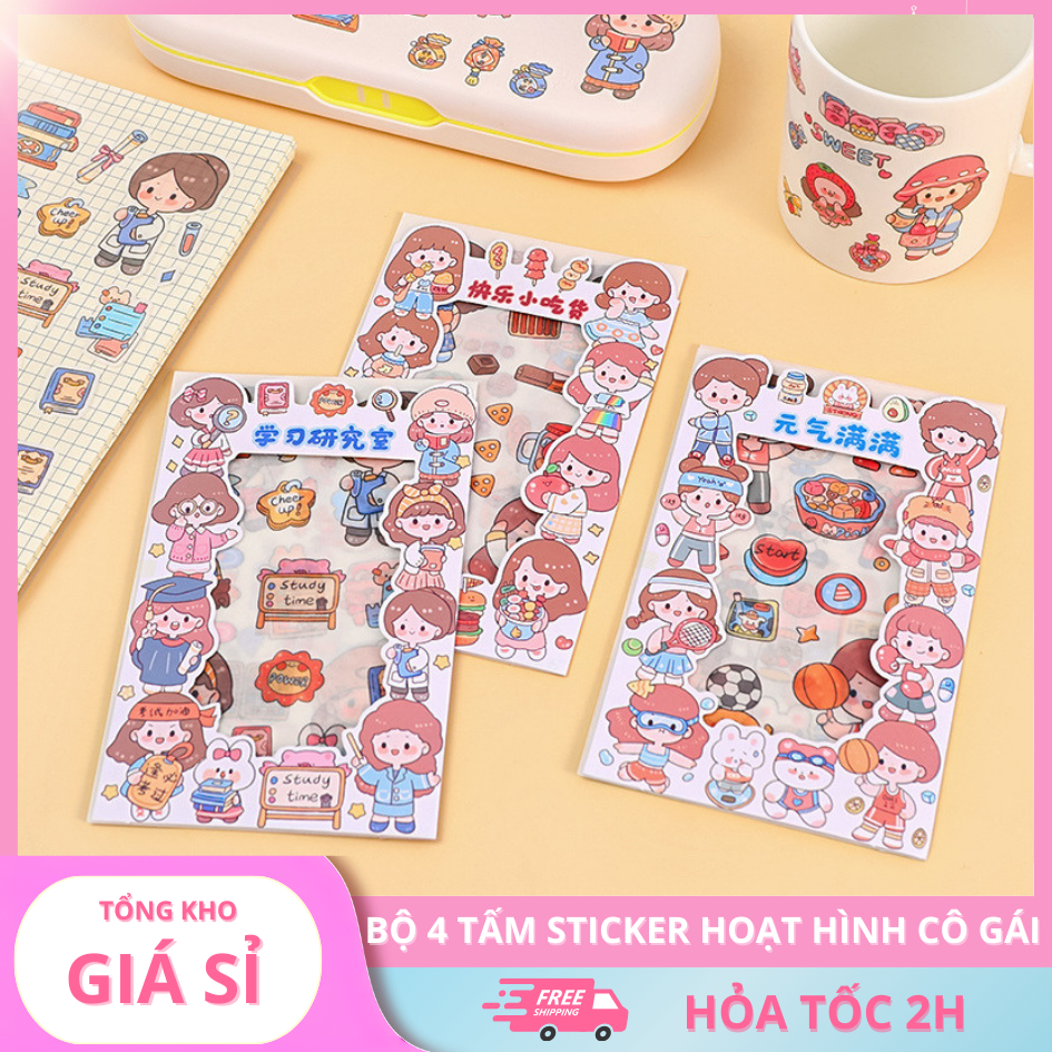 3 Bộ 4 Tấm Sticker Hoạt Hình Cô Gái Và Hoạt Động Hàng Ngày Cute