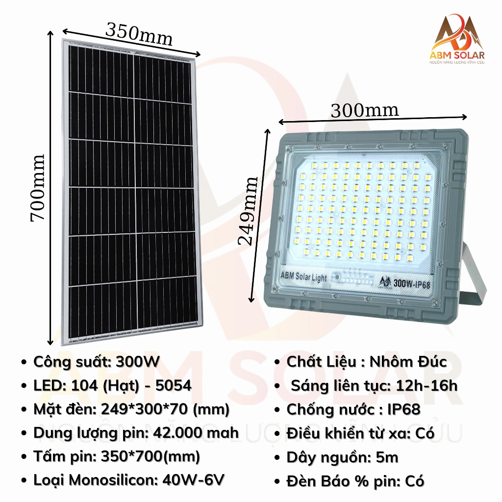 [300W] Đèn Pha Năng Lượng Mặt Trời ABMSOLAR , Tấm Pin Rời, Chống Nước IP68 , Kính Cường Lực , Cảm Biến Ánh Sáng
