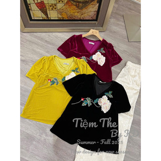 Áo nhung the cộc tay cổ tim thêu hoa dáng xuông