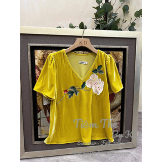 Áo nhung the cộc tay cổ tim thêu hoa dáng xuông