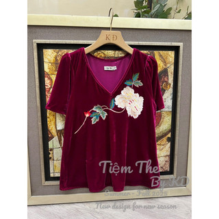 Áo nhung the cộc tay cổ tim thêu hoa dáng xuông