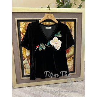 Áo nhung the cộc tay cổ tim thêu hoa dáng xuông