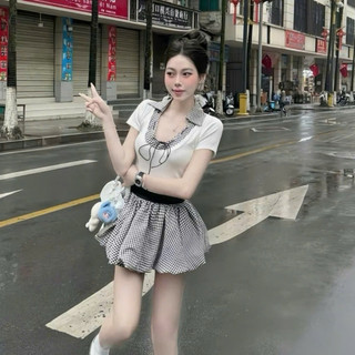 Set Bộ Đồ Nữ Áo Thun Zip Phối Cổ Bẻ Kẻ Caro Đen Trắng Dây Nơ Mix Chân Váy Bí Phồng Có Quần Bảo Hộ Freesize