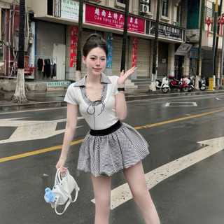 Set Bộ Đồ Nữ Áo Thun Zip Phối Cổ Bẻ Kẻ Caro Đen Trắng Dây Nơ Mix Chân Váy Bí Phồng Có Quần Bảo Hộ Freesize
