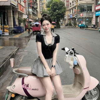 Set Bộ Đồ Nữ Áo Thun Zip Phối Cổ Bẻ Kẻ Caro Đen Trắng Dây Nơ Mix Chân Váy Bí Phồng Có Quần Bảo Hộ Freesize
