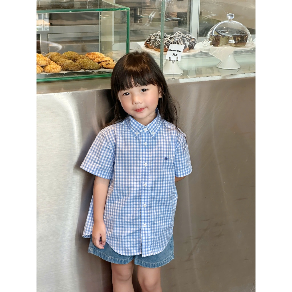 TheBlueTshirtKids - Áo sơ mi cho bé tay ngắn kẻ sọc cotton - BlueKid Classic Shirt