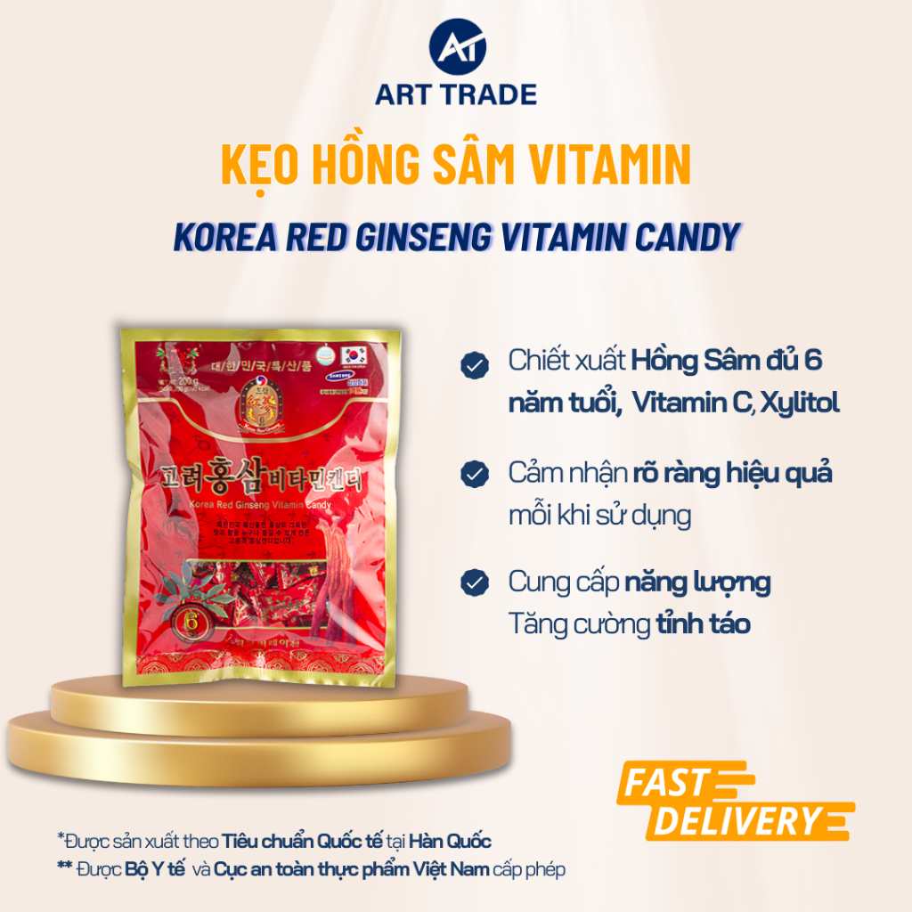 Kẹo Hồng Sâm Vitamin Hàn Quốc Korean Red Ginseng Candy 200g Giảm Stress, Bồi Bổ Sức Khỏe