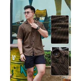 Áo Sơ Mi nam cộc tay Kẻ sọc Kelly Chất Đũi thô thoáng mát chống nhăn form rộng hằng ngày đi chơi đi biển