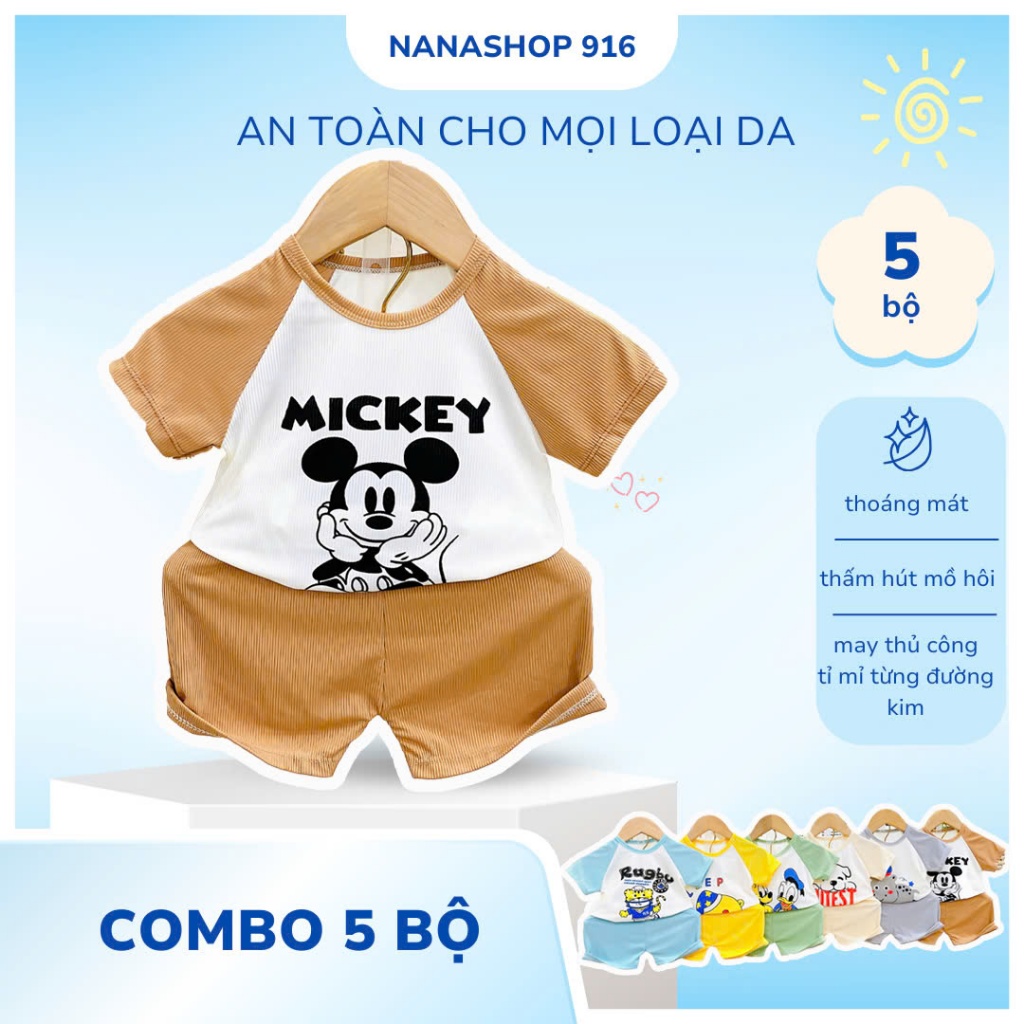 [5 bộ cộc tay] Bộ quần áo cộc tay chất thun tăm in hình đáng yêu cho bé trai, bé gái size 5-16kg B23