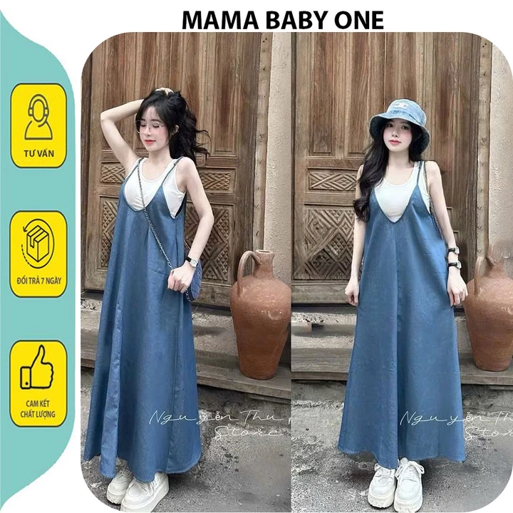 Set đầm váy yếm bầu thời trang siêu hot mùa hè X307 thiết kế váy yếm 2 dây kèm áo phong cách tiểu thư đầm bầu xinh