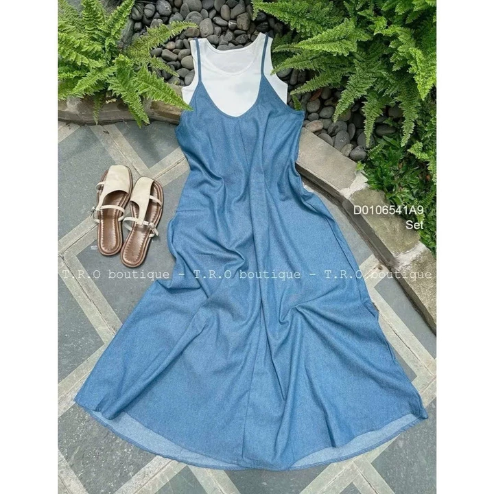 Set đầm váy yếm bầu thời trang siêu hot mùa hè X307 thiết kế váy yếm 2 dây kèm áo phong cách tiểu thư đầm bầu xinh
