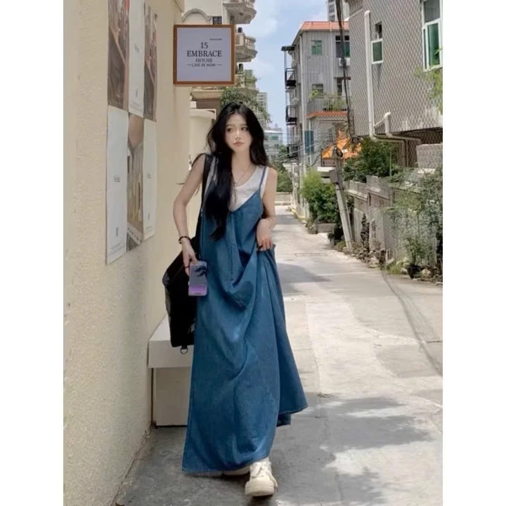 Set đầm váy yếm bầu thời trang siêu hot mùa hè X307 thiết kế váy yếm 2 dây kèm áo phong cách tiểu thư đầm bầu xinh