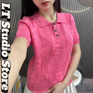 Áo len nữ cổ bẻ cộc tay hoạ tiết chữ f vân chìm len dệt kim mặc bốn mùa free size 967