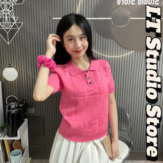 Áo len nữ cổ bẻ cộc tay hoạ tiết chữ f vân chìm len dệt kim mặc bốn mùa free size 967