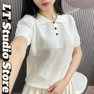 Áo len nữ cổ bẻ cộc tay hoạ tiết chữ f vân chìm len dệt kim mặc bốn mùa free size 967