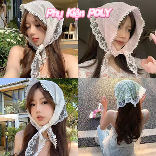 Khăn đội đầu tam giác viền ren trắng khăn turban đi biển kiểu pháp dễ thương
