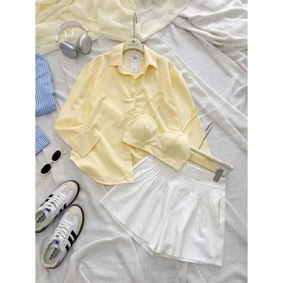 Set bộ đùi 3 món quần kaki xếp ly eo phối áo lụa kẻ sọc ngoài dài tay kèm bra trong cùng màu sexy cho chị em đi biển