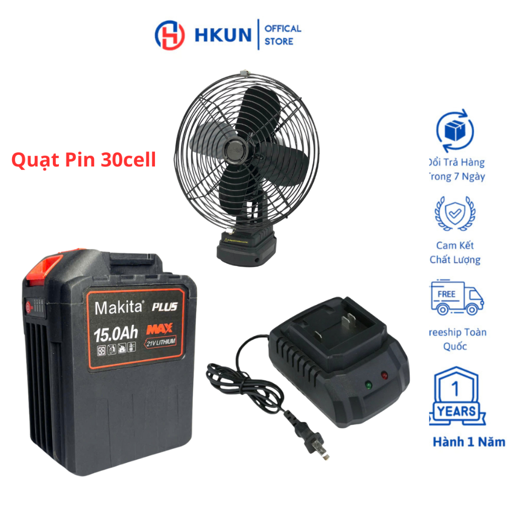 Combo quạt Pin 30cell, Quạt 8inch Lồng Sắt Chân Pin Phổ Thông 4cm