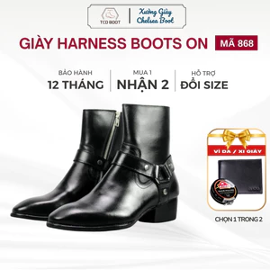 Giày Nam Da Bò Harness Boot, Giày Cao Cổ, Boot Nam Đế Cao 5cm, Giày Nam Cao Cấp Da Nappa Bóng Kéo Khóa Có Đai Xích - 868
