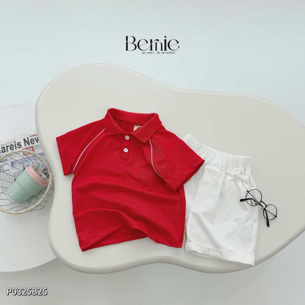 Bộ polo bé trai phối viền, bộ cộc tay cổ đức áo đỏ quần trắng cá tính cho bé