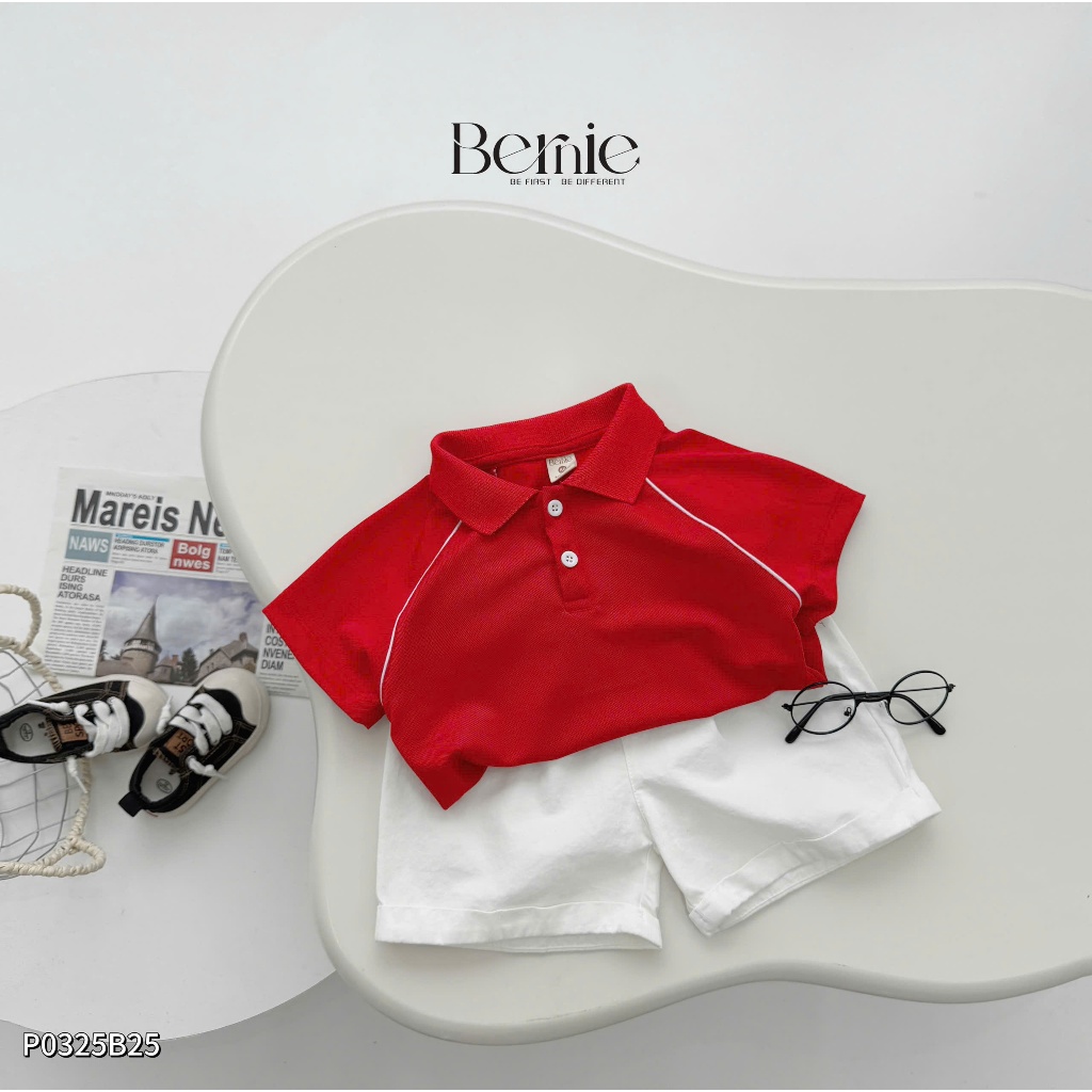 Bộ polo bé trai phối viền, bộ cộc tay cổ đức áo đỏ quần trắng cá tính cho bé