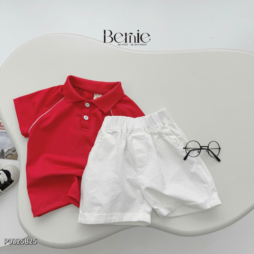 Bộ polo bé trai phối viền, bộ cộc tay cổ đức áo đỏ quần trắng cá tính cho bé