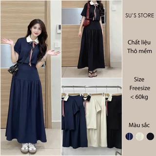 Set Đồ Nữ Áo Chéo Hàn Phối Nơ Kèm Váy Dáng Dài Lưng Chun Susstore S791 Thời Trang Nữ