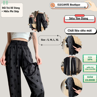 Quần Lụa Ống Rộng Có Hoạ Tiết Chữ In Nhung, Cạp Chun Có Dây Rút Lưng Cao,Tôn Dáng