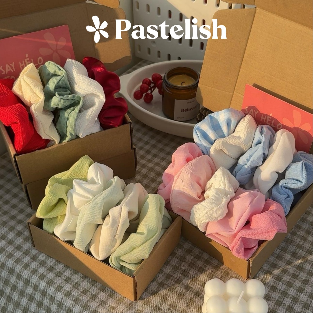 Set HỘP 10 dây cột tóc Scrunchies Pastelish - COMBO TIẾT KIỆM (Chun cột tóc đủ loại vải: Nhung, lụa, hoa nhí,..)