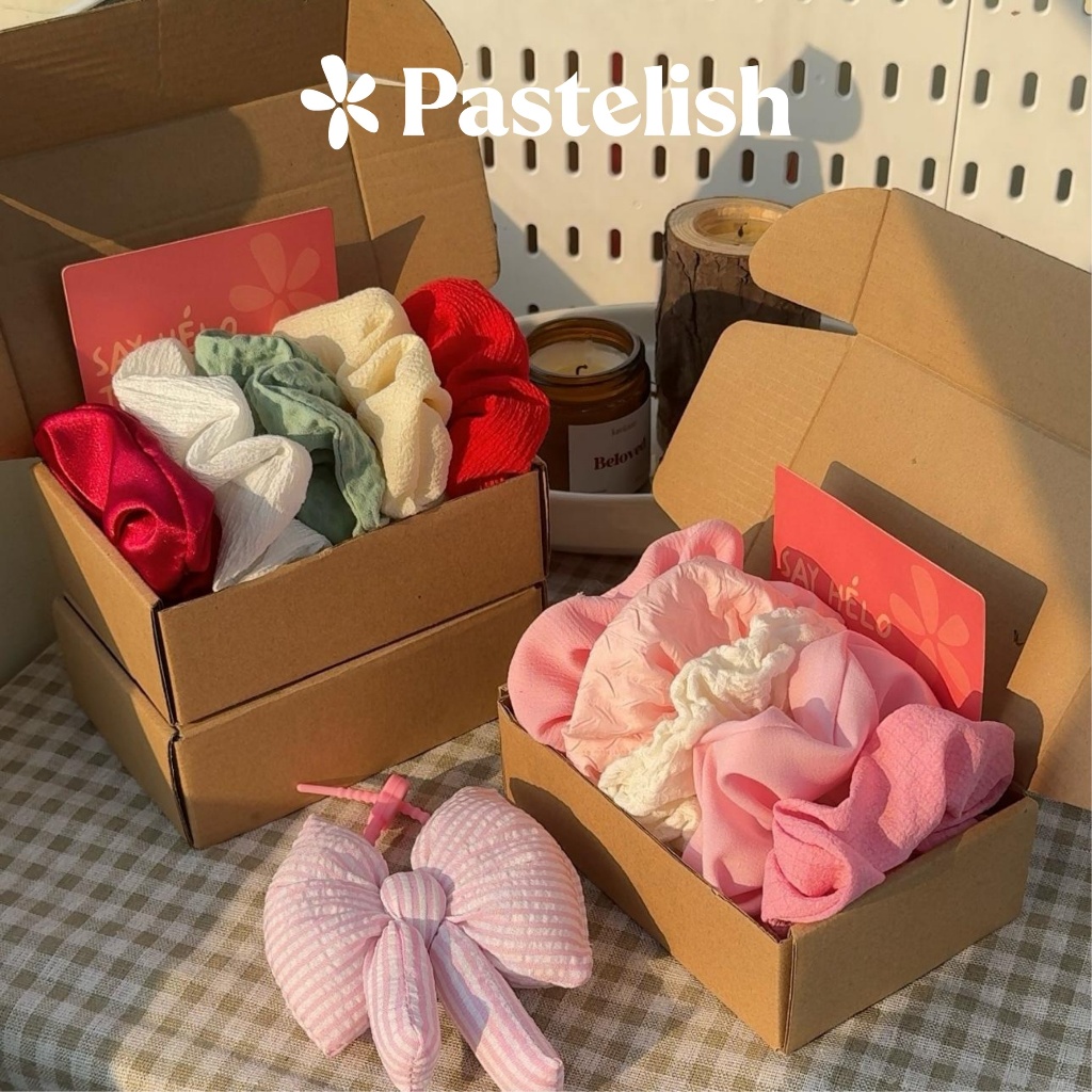 Set HỘP 10 dây cột tóc Scrunchies Pastelish - COMBO TIẾT KIỆM (Chun cột tóc đủ loại vải: Nhung, lụa, hoa nhí,..)