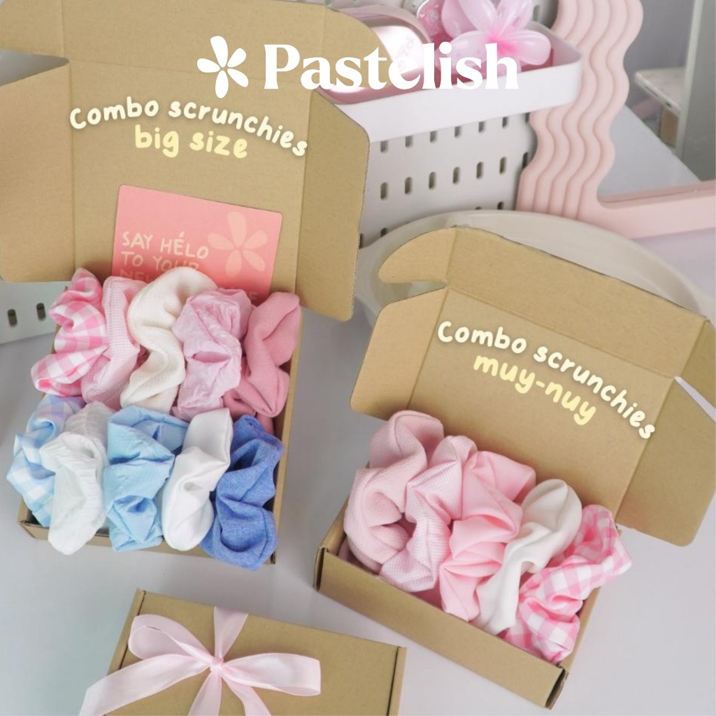 Set HỘP 10 dây cột tóc Scrunchies Pastelish - COMBO TIẾT KIỆM (Chun cột tóc đủ loại vải: Nhung, lụa, hoa nhí,..)
