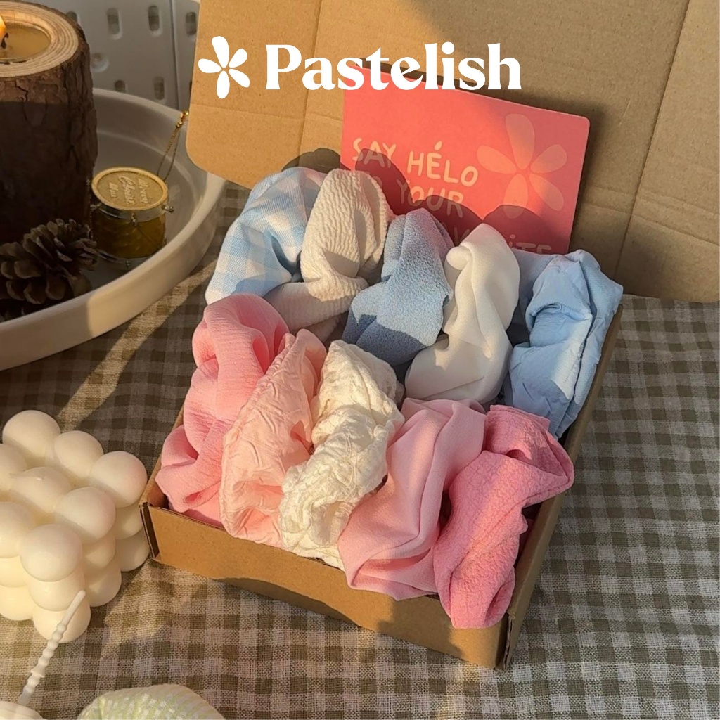 Set HỘP 10 dây cột tóc Scrunchies Pastelish - COMBO TIẾT KIỆM (Chun cột tóc đủ loại vải: Nhung, lụa, hoa nhí,..)