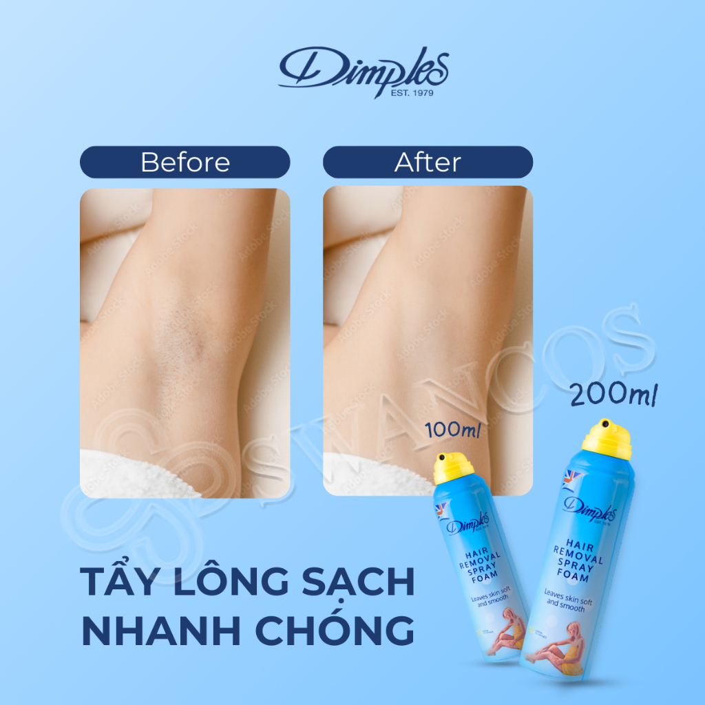 Xịt Tẩy Lông Châu Âu DIMPLES Dạng Bọt Hương Chanh Dùng Cho Chân, Tay, Nách Không Gây Kích Ứng