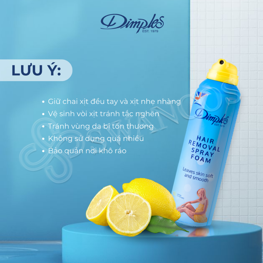 Xịt Tẩy Lông Châu Âu DIMPLES Dạng Bọt Hương Chanh Dùng Cho Chân, Tay, Nách Không Gây Kích Ứng