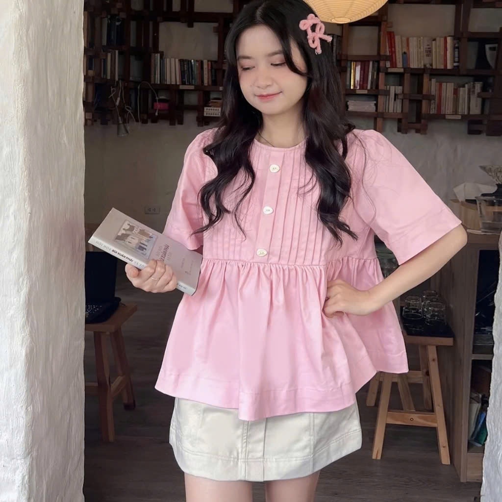 Áo Kiểu Nữ BABEE Dáng Babydolll Tay Ngắn Cổ Tròn Xếp Ly Đính Nút Xinh Xắn Năng Động Dễ Phối Đồ