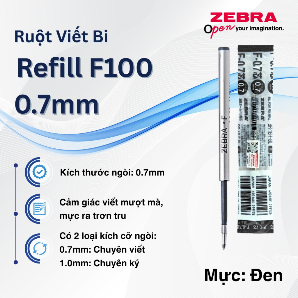 Ảnh Ruột Viết Bi F100 Zebra Pen Thay Thế  - Kích thước ngòi 0.7 - 1.0mm, mực xanh, đen [Chính Hãng] 1