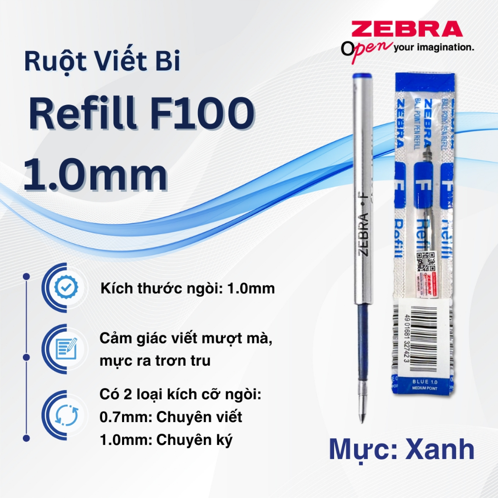 Ảnh Ruột Viết Bi F100 Zebra Pen Thay Thế  - Kích thước ngòi 0.7 - 1.0mm, mực xanh, đen [Chính Hãng] 2