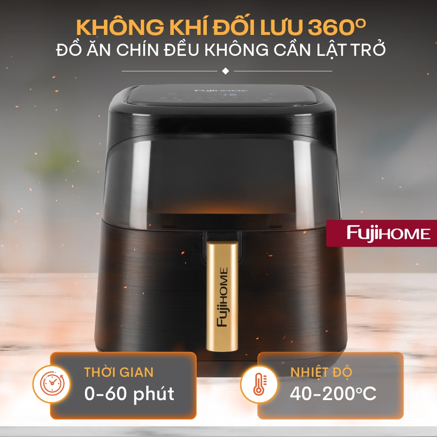 Nồi chiên không dầu 8 Lít điện tử FUJIHOME tặng kèm gắp, lò nướng chiên có kính 8L hẹn giờ nấu