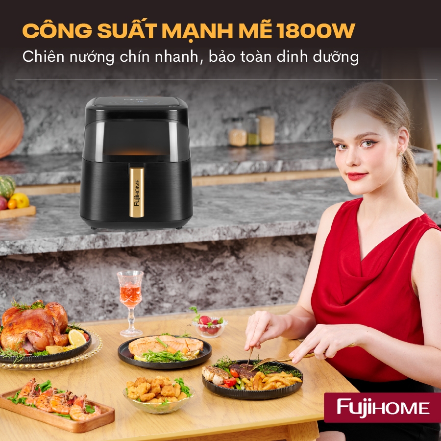 Nồi chiên không dầu 8 Lít điện tử FUJIHOME tặng kèm gắp, lò nướng chiên có kính 8L hẹn giờ nấu